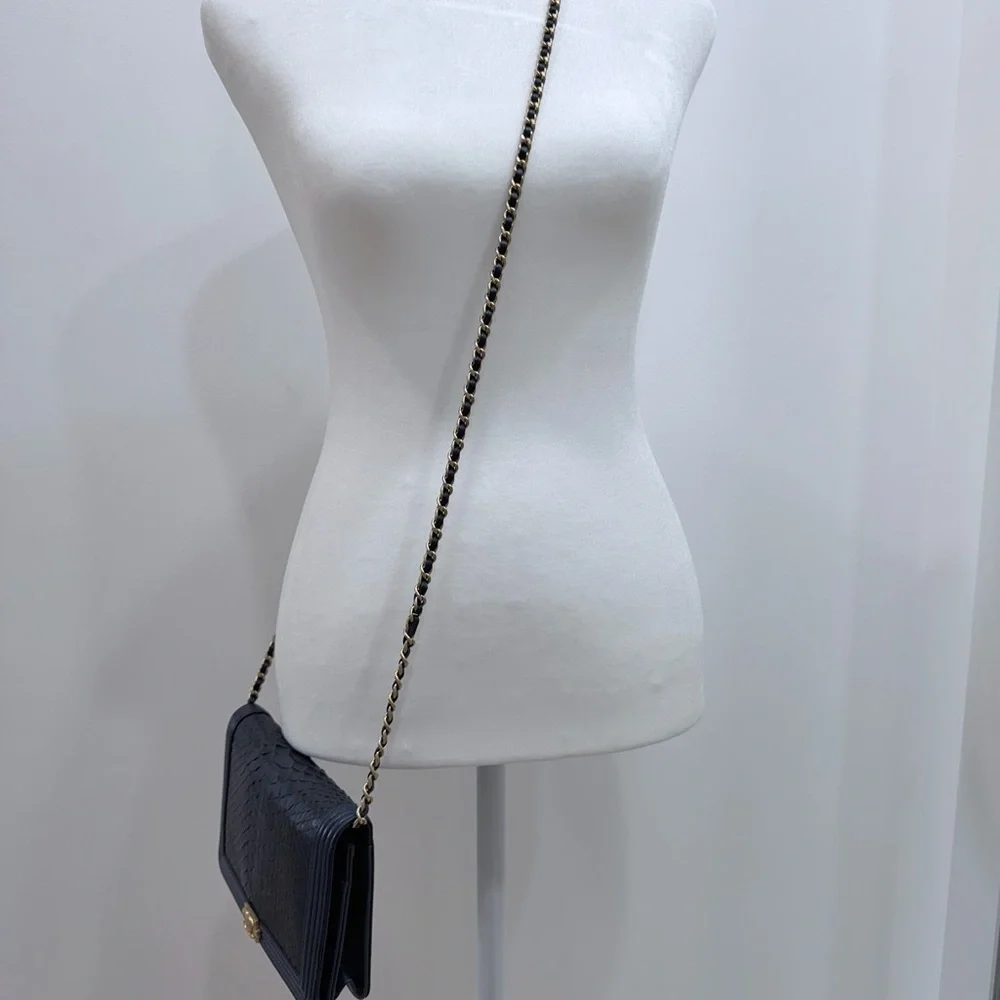 CHANEL O-Mini Boy Bag Python Exotic Leather Gold CC Lock Wallet on chain